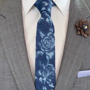 Men's Blue Denim Style Floral Slim Necktie